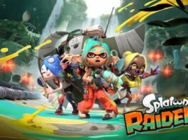 Four colorful characters charge forward through an ink-splattered arena, threatening and ready for action; Splatoon Raiders logo appears bottom-right.