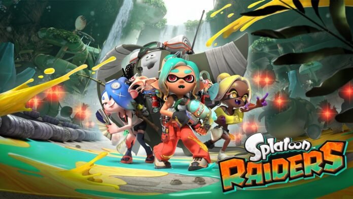 Four colorful characters charge forward through an ink-splattered arena, threatening and ready for action; Splatoon Raiders logo appears bottom-right.