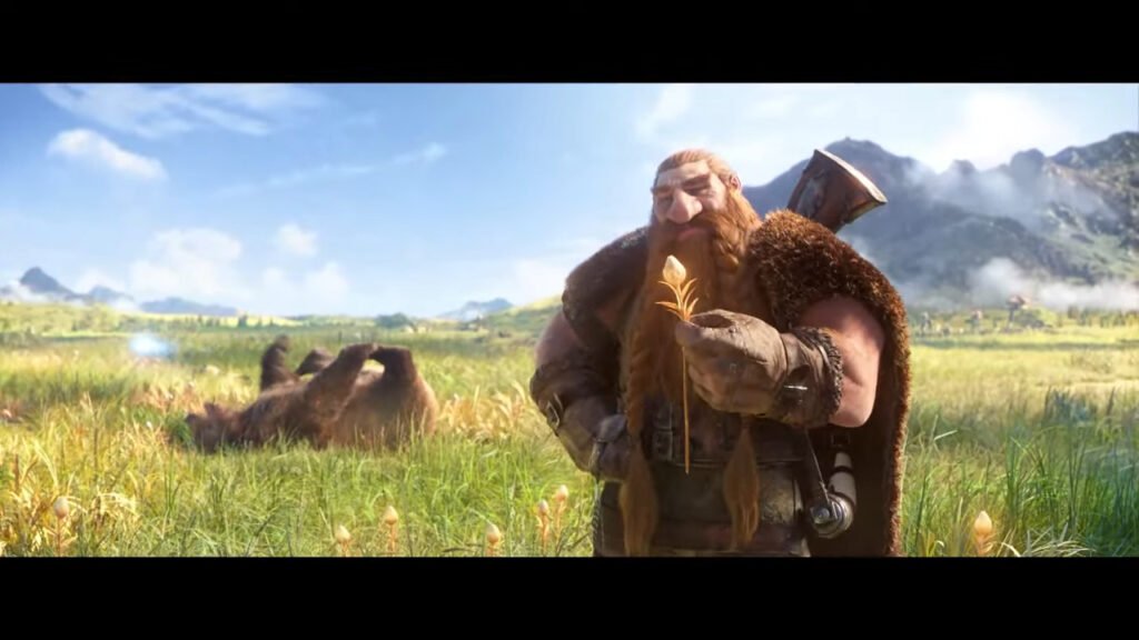 Burly bearded Viking in fur armor holds a golden plant in a sunlit grassy plain, with mountains in the background and a fallen mammoth nearby. Blizzcon 2026 Livestream _ Day 1 7