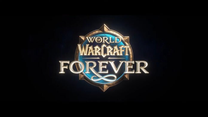 World of Warcraft Forever logo: gold-lettered text on a blue circular crest with an ornate border on a black background