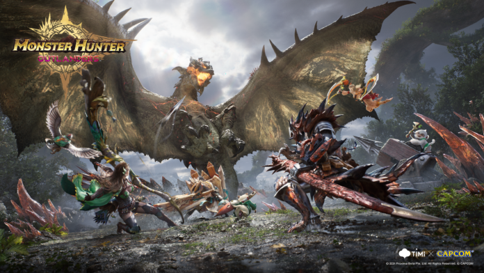 Epic Monster Hunter battle: hunters confront a colossal dragon in a rocky, chaotic arena behind them.