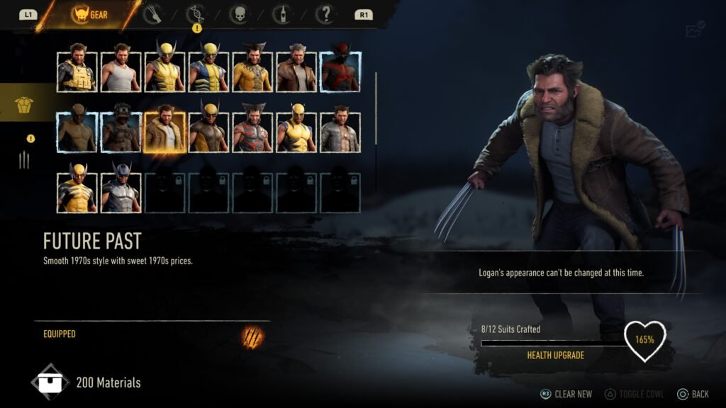 Character customization screen with a grid of Wolverine outfits and a full-body Logan on the right side, ready to equip gear. Marvels Wolverine_20260912224842