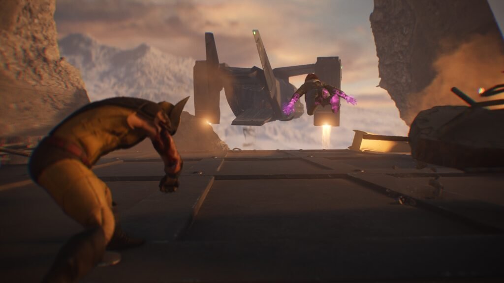 A humanoid creature lunges toward a purple-clad figure mid‑air on a sci‑fi crash site between rocky walls. Marvels Wolverine_20260912193607