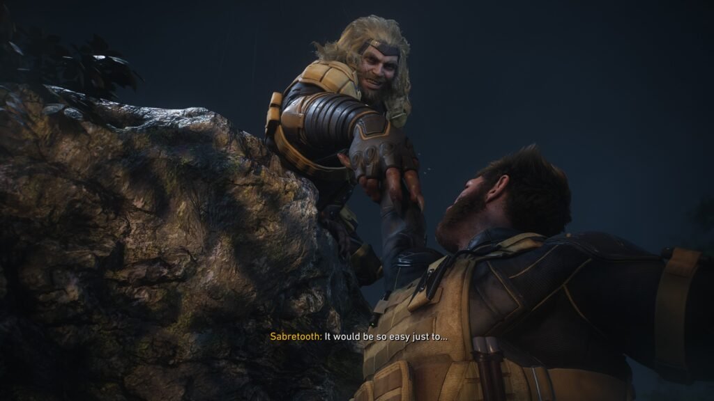 Two heavily armored soldiers on a rocky ledge at night, one extending a hand to the other as rain falls. Subtitle reads Sabretooth: It would be so easy just to... Marvels Wolverine_20260910232009
