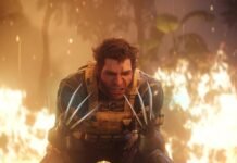 Wolverine-like superhero crouching forward with claws extended amid flames and smoke at close range.