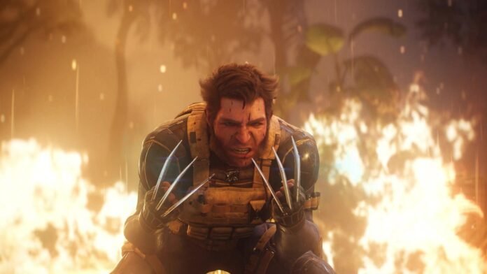 Wolverine-like superhero crouching forward with claws extended amid flames and smoke at close range.