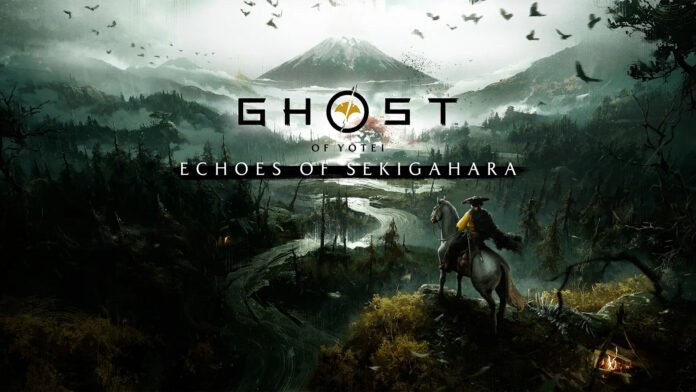 Ghost of Tsushima: Echoes of Sekigahara cover showing a rider on a horse overlooking a misty forest and distant mountains with birds in the sky (game banner).