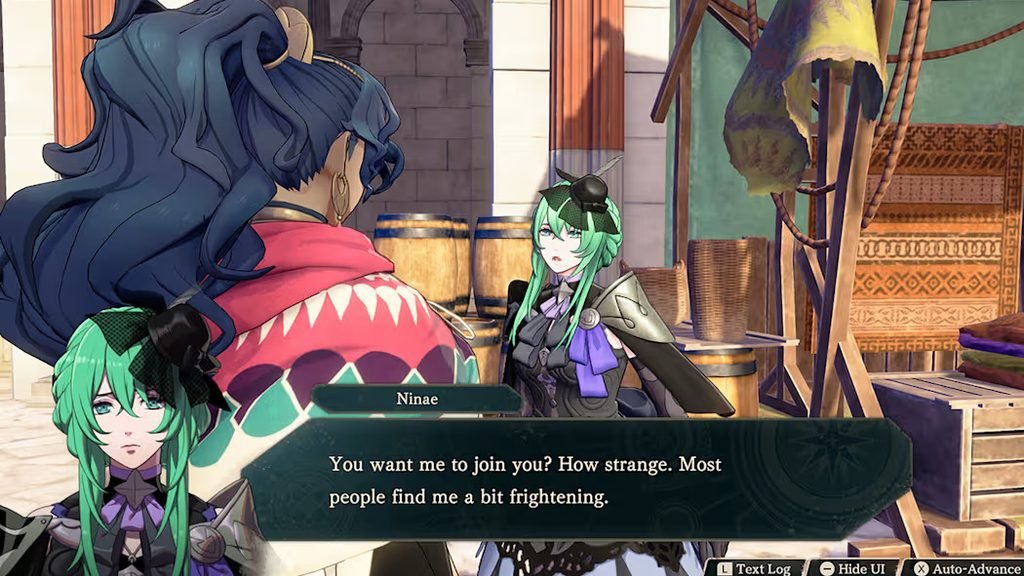 125688-125689-nintendo-switch-2-fire-emblem-fortunes-weave-ss-2-1280x720 - GamersPack ישראל Dialogue scene: Ninae (green-haired character) talks to the player's avatar in a market setting with crates and barrels nearby. 125688-125689-nintendo-switch-2-fire-emblem-fortunes-weave-ss-2-1280x720