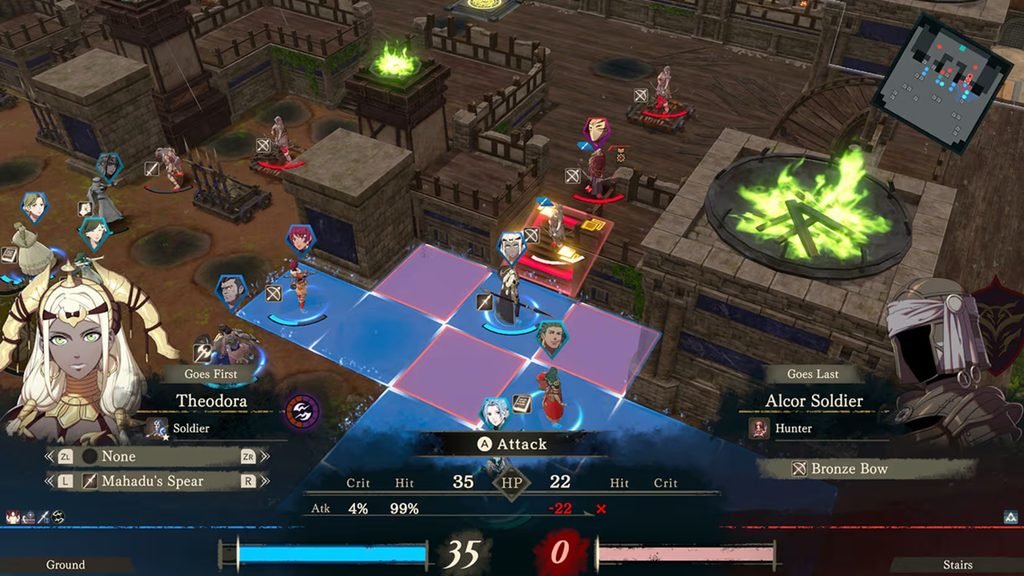 125688-125689-nintendo-switch-2-fire-emblem-fortunes-weave-ss-3-1280x720 - GamersPack ישראל Top-down tactical RPG battle on a fortress map with blue and purple highlighted grid tiles, multiple characters in combat, a minimap in the top-right, and a glowing green flame on a central platform. 125688-125689-nintendo-switch-2-fire-emblem-fortunes-weave-ss-3-1280x720