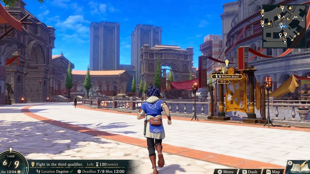 125688-125689-nintendo-switch-2-fire-emblem-fortunes-weave-ss-4-1280x720 - GamersPack ישראל Third-person view of a character running through a sunlit ancient city plaza with tall stone ruins and market stalls; game HUD visible (map, quest prompt, bottom status). 125688-125689-nintendo-switch-2-fire-emblem-fortunes-weave-ss-4-1280x720