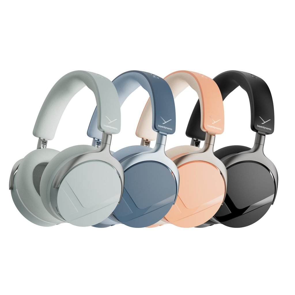 Row of over-ear headphones in pastel to dark colors, Beyerdynamic branding visible on earcups (side view) Beyerdynamic AVENTHO Y Headphones colors
