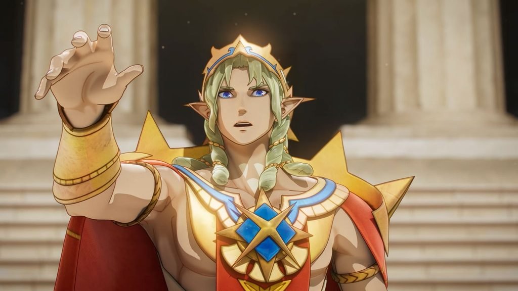 Fire Emblem_ Fortunes Weave 2 - GamersPack ישראל Heroic elf-like warrior with green braided hair and a gold crown-looking headpiece, reaching toward the viewer in ornate gold and blue armor on stone stairs. Fire Emblem_ Fortunes Weave 2
