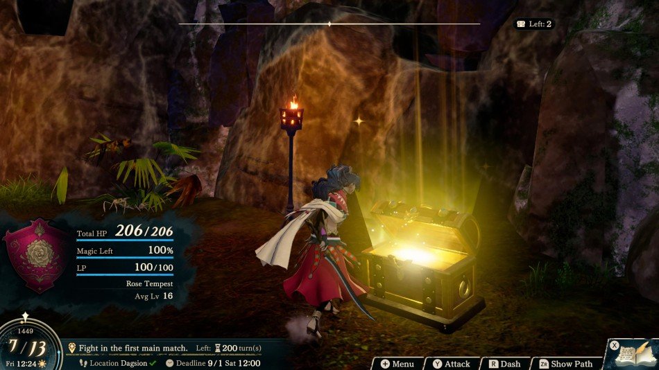 FireEmblemFortunesWeave_TipsAndTricks_04b_image950w - GamersPack ישראל Character in a red cape opens a glowing treasure chest inside a rocky cave, HP bar and stats visible on-screen. FireEmblemFortunesWeave_TipsAndTricks_04b_image950w