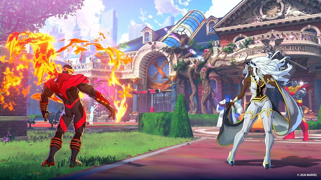 Two superheroes stand in a dramatic showdown in front of a ornate school building, flames swirling around one fighter and a white-clad heroine ready to strike. Phoenis Cyclops screenshot