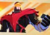 Heroic armored figure in red suit extends a gloved hand toward the viewer against an orange, fiery backdrop, suggesting action or confrontation.