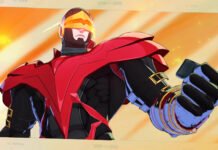 Heroic armored figure in red suit extends a gloved hand toward the viewer against an orange, fiery backdrop, suggesting action or confrontation.