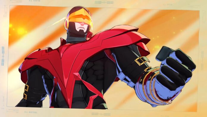 Heroic armored figure in red suit extends a gloved hand toward the viewer against an orange, fiery backdrop, suggesting action or confrontation.