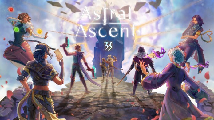 Clair Obscur: Expedition 33 X Astral Ascent – שיתוף פעולה חוצה ז'אנרים Epic fantasy scene with armored warriors circling a cracked platform as glowing orbs float, and the title 'Astral Ascend' in the sky above.