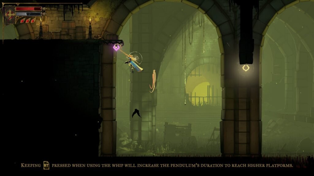 Player character in blue cape swinging mid‑air with a whip in a dim, dungeon-like archway. castlevania-belmonts-curse