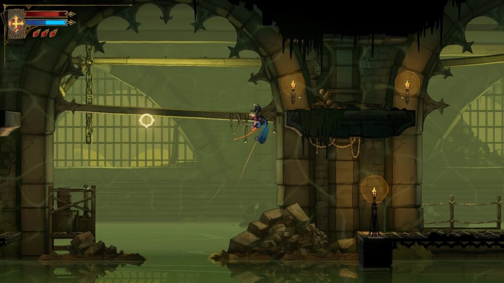 Hero in a blue cloak swings on a rope through a dim, mossy underground ruin with arches and torchlight. castlevania-belmonts-curse2