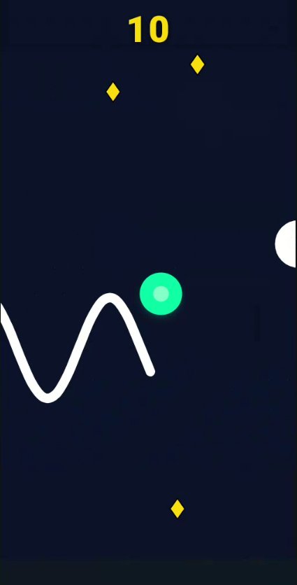 Mobile game scene: dark background with a white squiggly path, a green collectible dot, small yellow diamond coins, and a score of 10 at the top. dont touch white 1