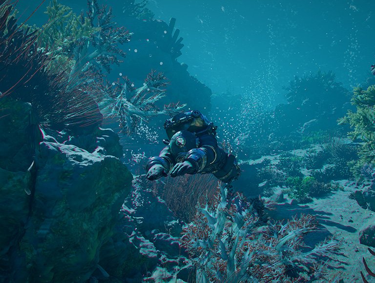 SCUBA diver in full gear gliding through a vibrant coral reef, bubbles rising in clear blue water - GamersPack ישראל SCUBA diver in full gear gliding through a vibrant coral reef, bubbles rising in clear blue water SCUBA diver in full gear gliding through a vibrant coral reef, bubbles rising in clear blue water