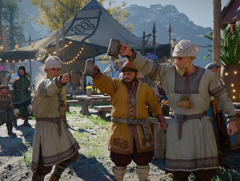 Three bearded men in tunics toast with mugs at a medieval-style festival in a camp lined with tents and string lights. - GamersPack ישראל Three bearded men in tunics toast with mugs at a medieval-style festival in a camp lined with tents and string lights. Three bearded men in tunics toast with mugs at a medieval-style festival in a camp lined with tents and string lights.