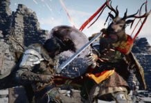 Two armored fighters clash with swords among ruined stone walls; one wears a fur-lined stag helm and red decorative harness.